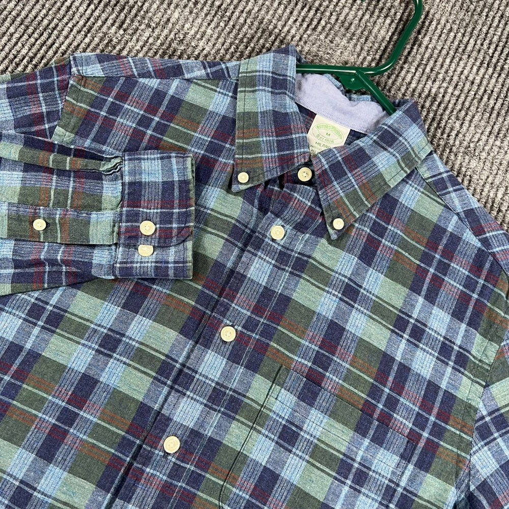 Brooks Brothers Shirt Mens Medium Blue Plaid Long Sleeve Button Down Milano
